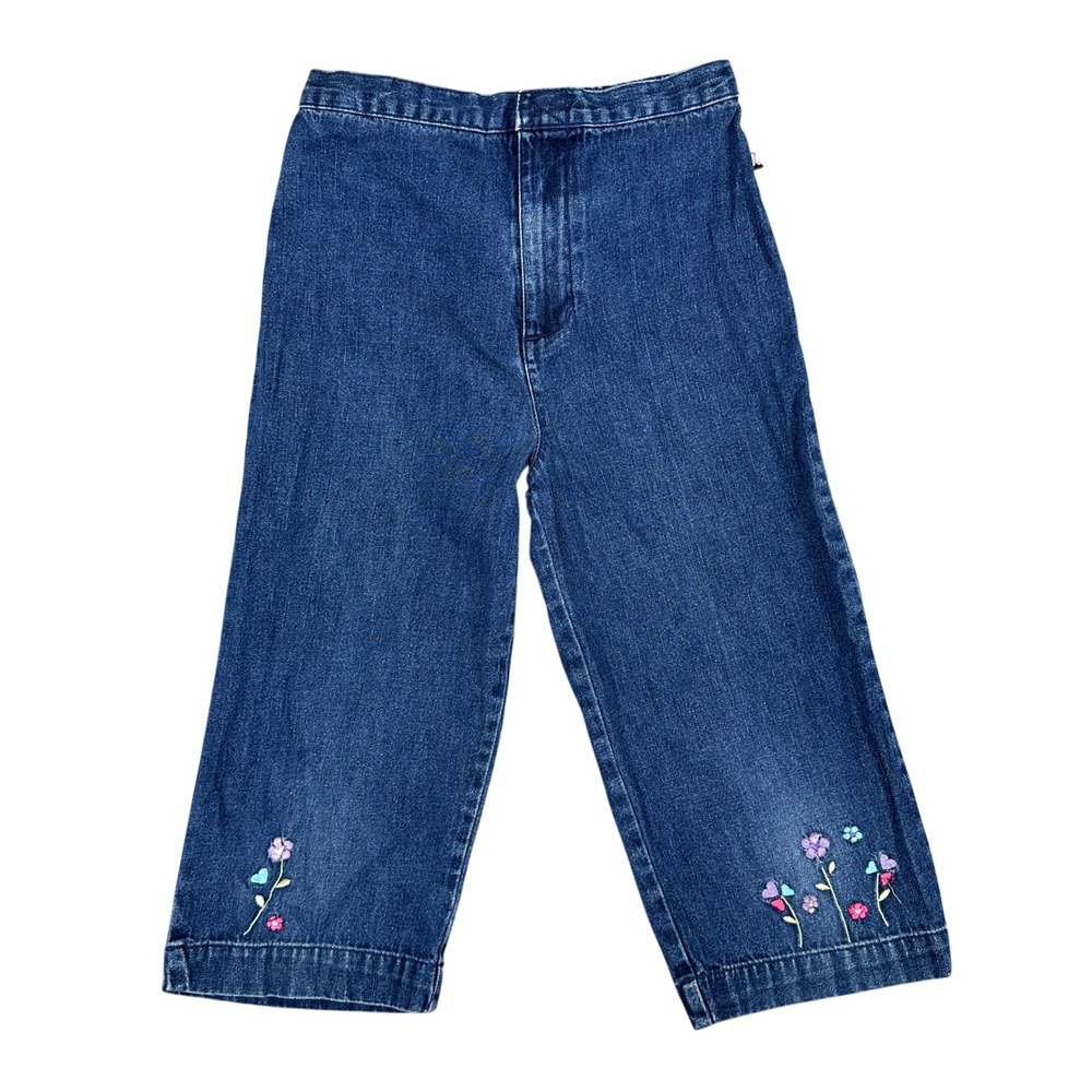 Vintage McKids Girls Blue Denim Floral Embroidered Capri Pants Size 8 MKG1027D